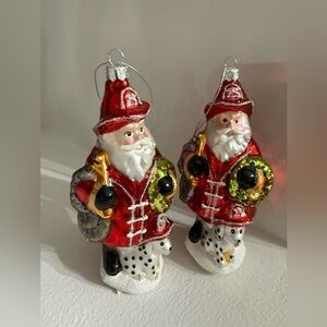 Set of 2 Vintage Glass Ornaments - Santa Fire Fighter with Dalmatian.